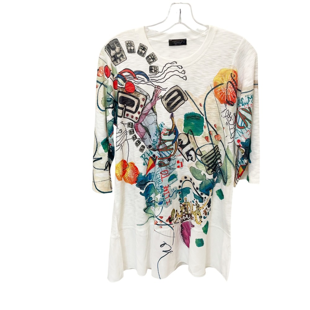 Inoah White Multi Artsy Abstract Print Slub Knit Tunic Top - Size Small
